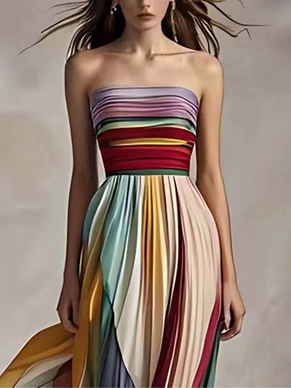 Floralgrace Striped Maxi Dress - Strapless Bandeau & Pleated Fit