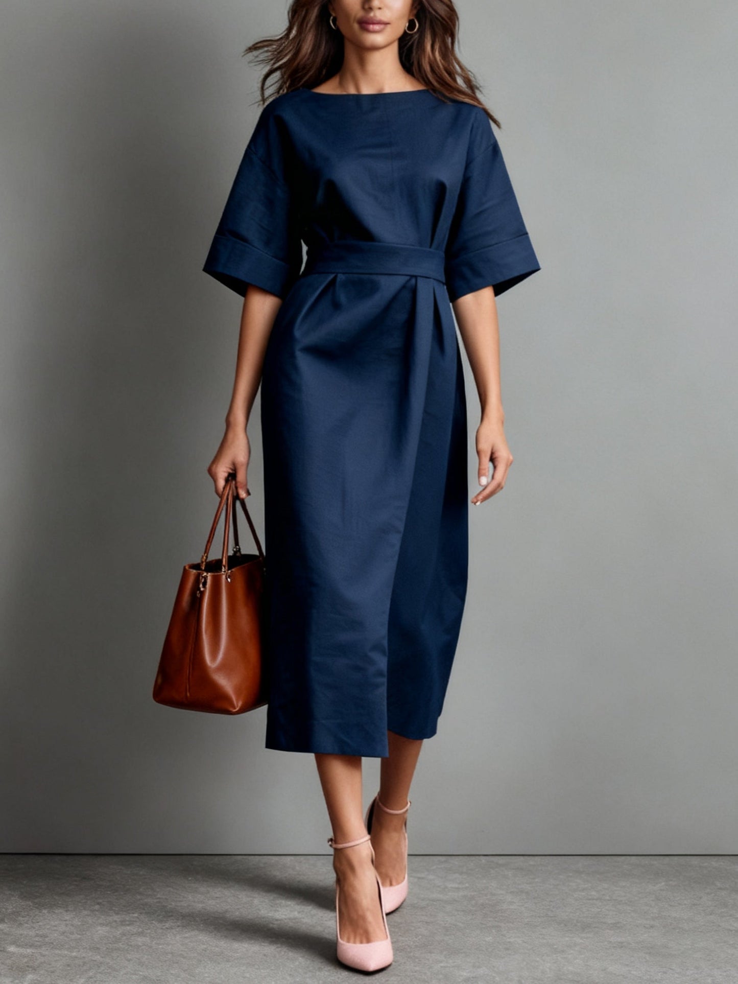 Floralgrace Linen Boat Neck Tie Waist Loose Dress Relaxed Fit