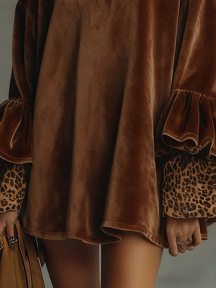Floralgrace Brown Velvet Mock Neck Leopard Cuff Mini Dress