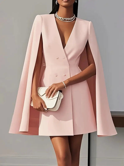 Floralgrace Double Breasted Cape Shoulder Solid Blazer Mini Dress