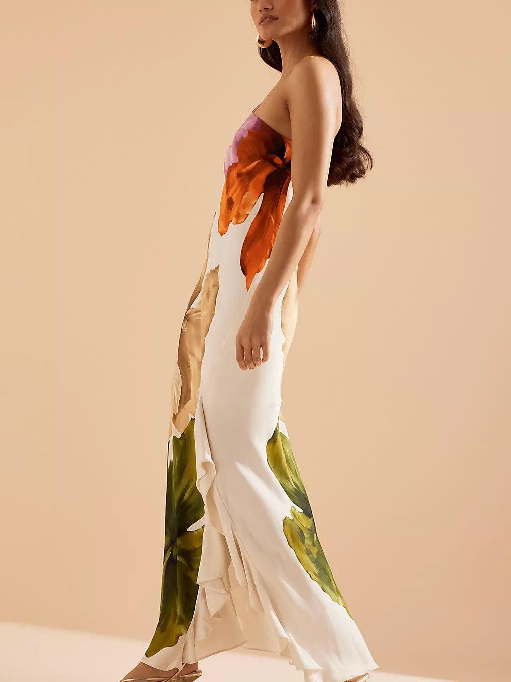 Floralgrace Floral Print Maxi Dress - One-Shoulder & Ruffled Hem Fit