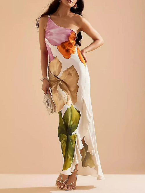 Floralgrace Floral Print Maxi Dress - One-Shoulder & Ruffled Hem Fit