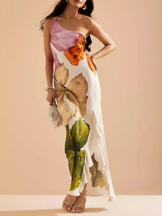 Floralgrace Floral Print Maxi Dress - One-Shoulder & Ruffled Hem Fit