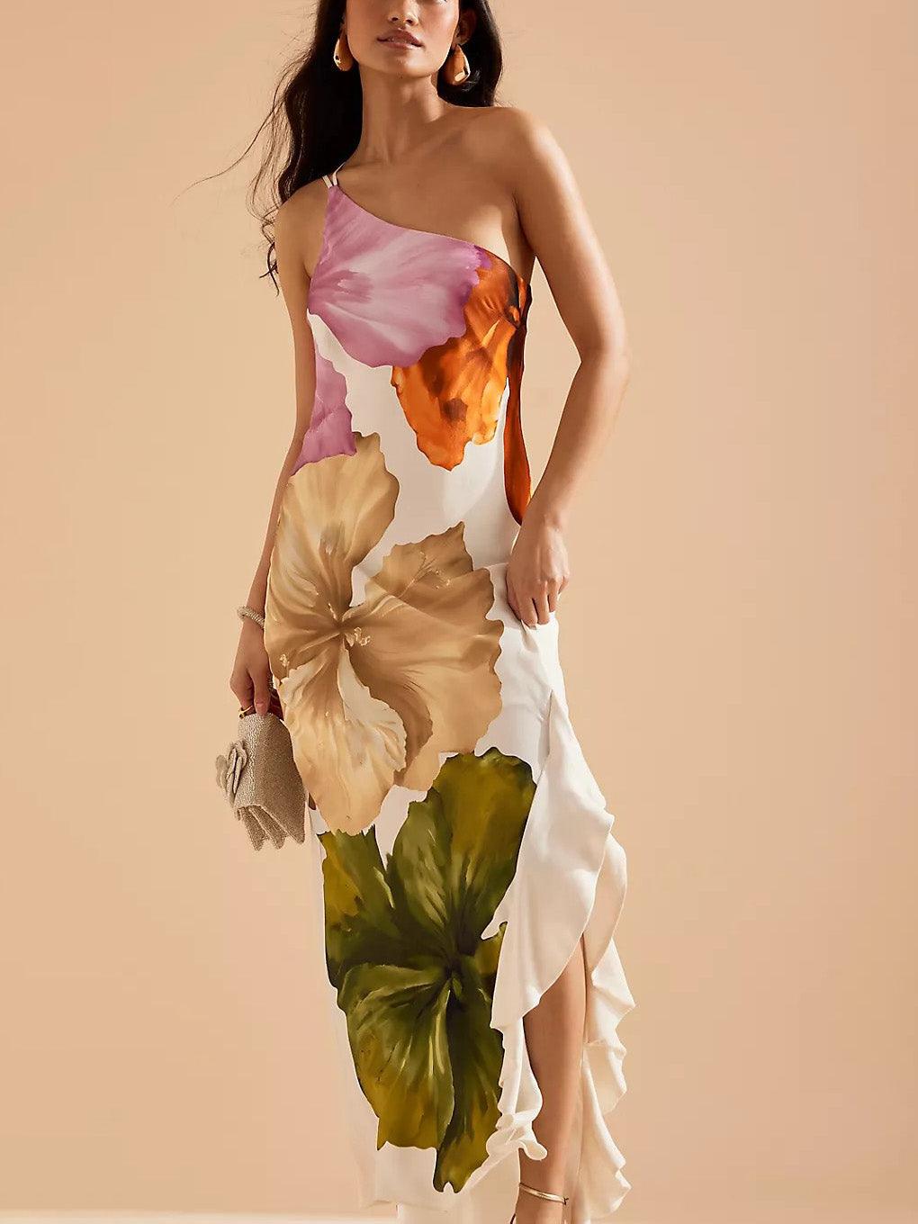 Floralgrace Floral Print Maxi Dress - One-Shoulder & Ruffled Hem Fit