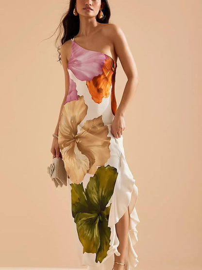 Floralgrace Floral Print Maxi Dress - One-Shoulder & Ruffled Hem Fit