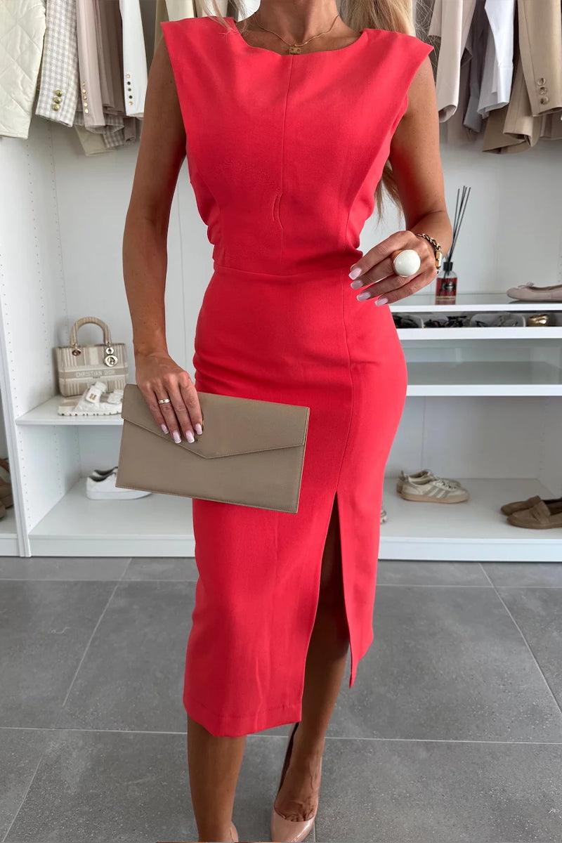Floralgrace Elegant Round Neck Slit Dress - Chic Sleeveless Mid-Length