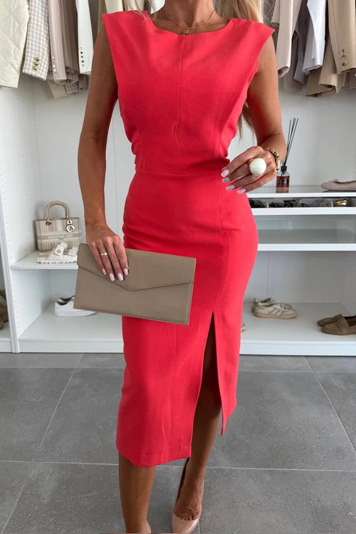 Floralgrace Elegant Round Neck Slit Dress - Chic Sleeveless Mid-Length