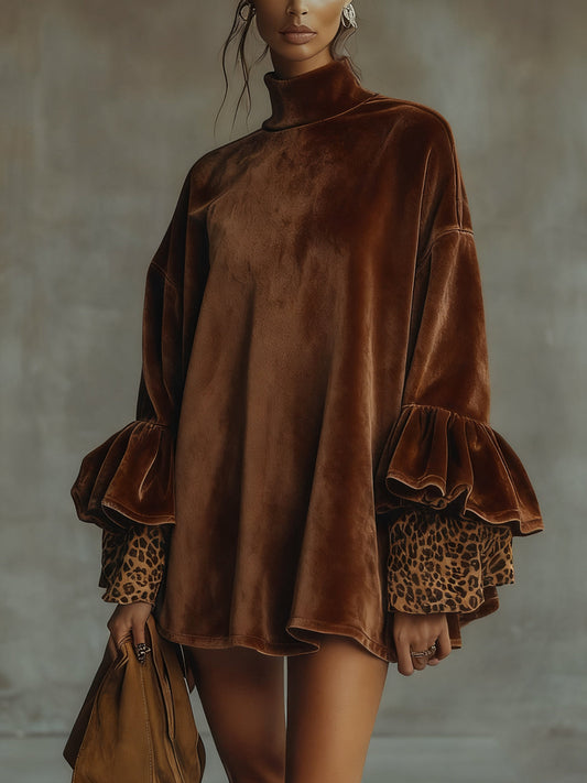 Floralgrace Brown Velvet Mock Neck Leopard Cuff Mini Dress