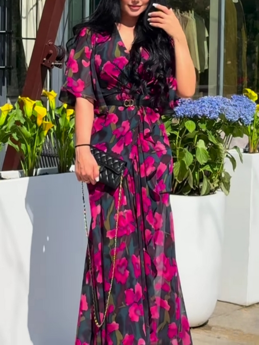 Floralgrace Retro Printed Maxi Dress - V-Neck & Trumpet Sleeve Fit