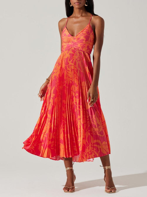 Floralgrace Floral Print Pleated Midi Dress Elegant Detail