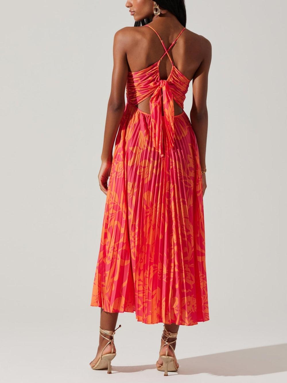 Floralgrace Floral Print Pleated Midi Dress Elegant Detail
