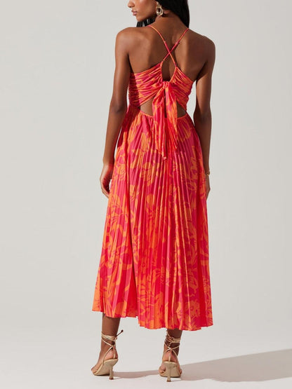 Floralgrace Floral Print Pleated Midi Dress Elegant Detail
