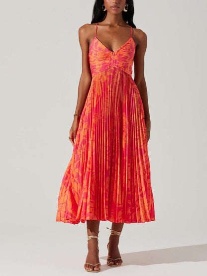 Floralgrace Floral Print Pleated Midi Dress Elegant Detail