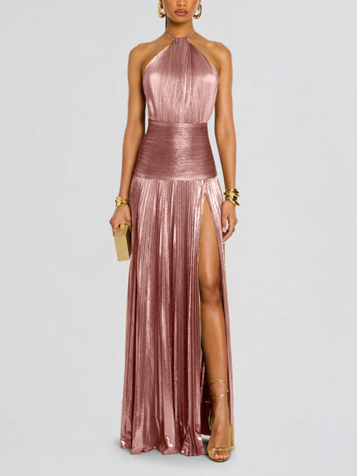 Floralgrace Thalia Maxi Dress - Metallic Halter & High Slit Fit