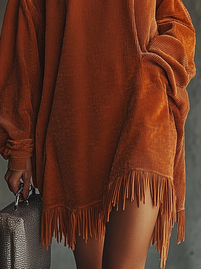 Floralgrace Orange Corduroy High Collar Tassel Hem Dress