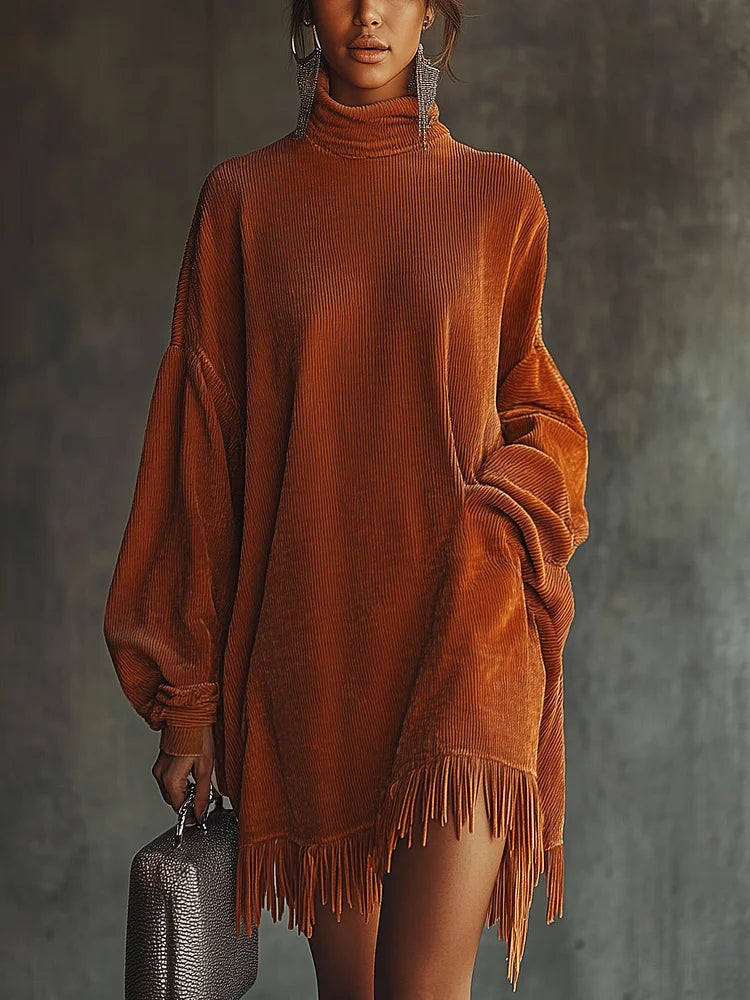 Floralgrace Orange Corduroy High Collar Tassel Hem Dress
