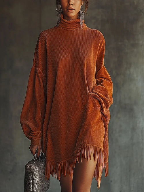 Floralgrace Orange Corduroy High Collar Tassel Hem Dress