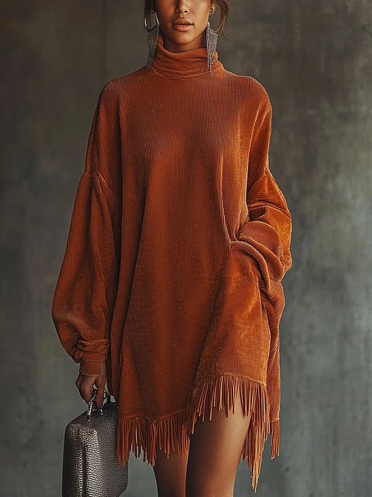 Floralgrace Orange Corduroy High Collar Tassel Hem Dress