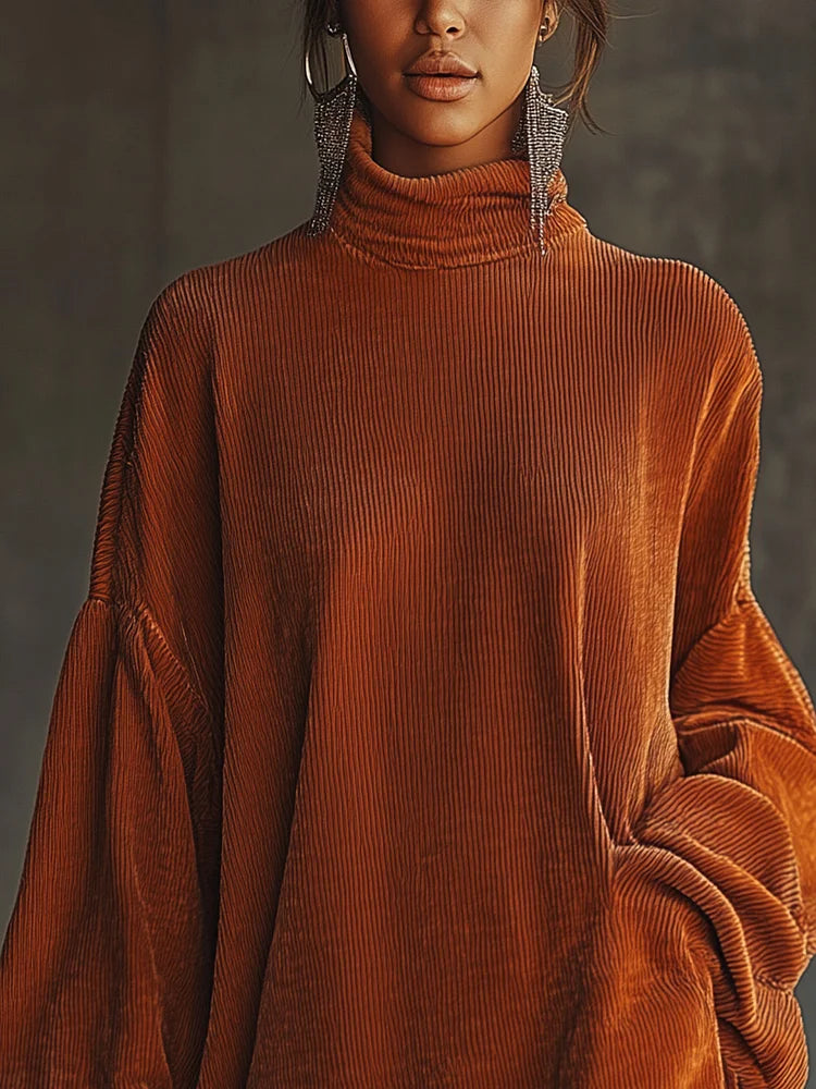 Floralgrace Orange Corduroy High Collar Tassel Hem Dress