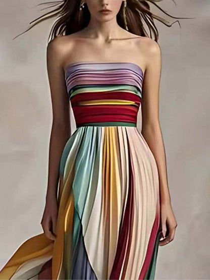 Floralgrace Striped Maxi Dress - Strapless Bandeau & Pleated Fit