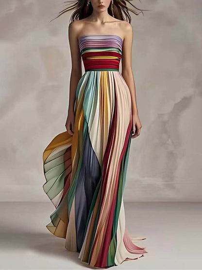 Floralgrace Striped Maxi Dress - Strapless Bandeau & Pleated Fit