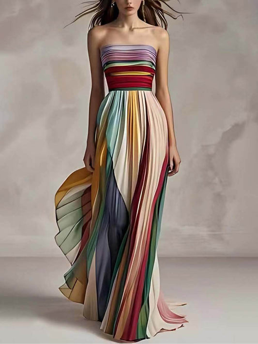 Floralgrace Striped Maxi Dress - Strapless Bandeau & Pleated Fit