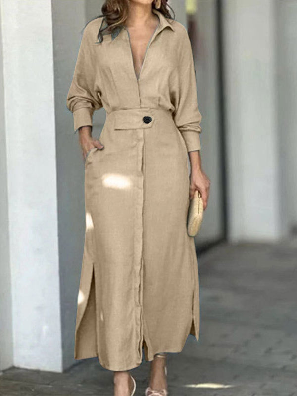Floralgrace Elegant Long Sleeve Simple Shirt Dress Classic Style