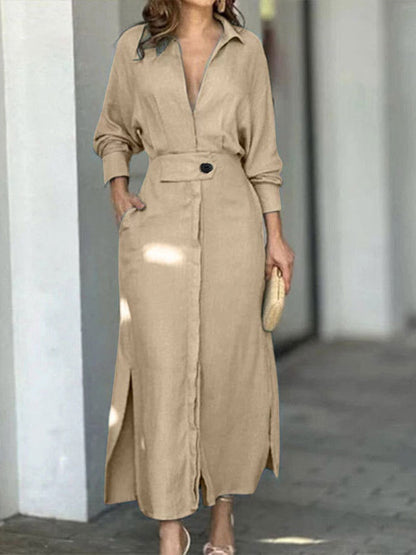 Floralgrace Elegant Long Sleeve Simple Shirt Dress Classic Style