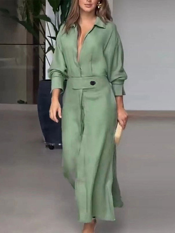 Floralgrace Elegant Long Sleeve Simple Shirt Dress Classic Style