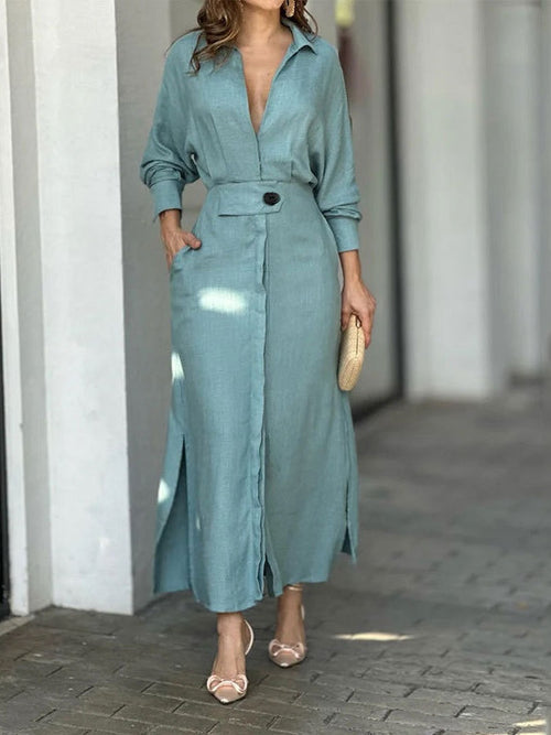 Floralgrace Elegant Long Sleeve Simple Shirt Dress Classic Style