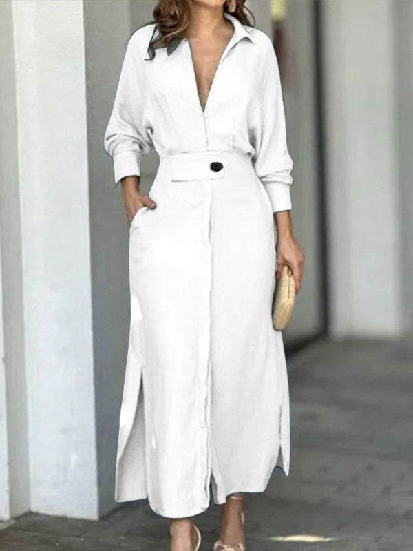 Floralgrace Elegant Long Sleeve Simple Shirt Dress Classic Style