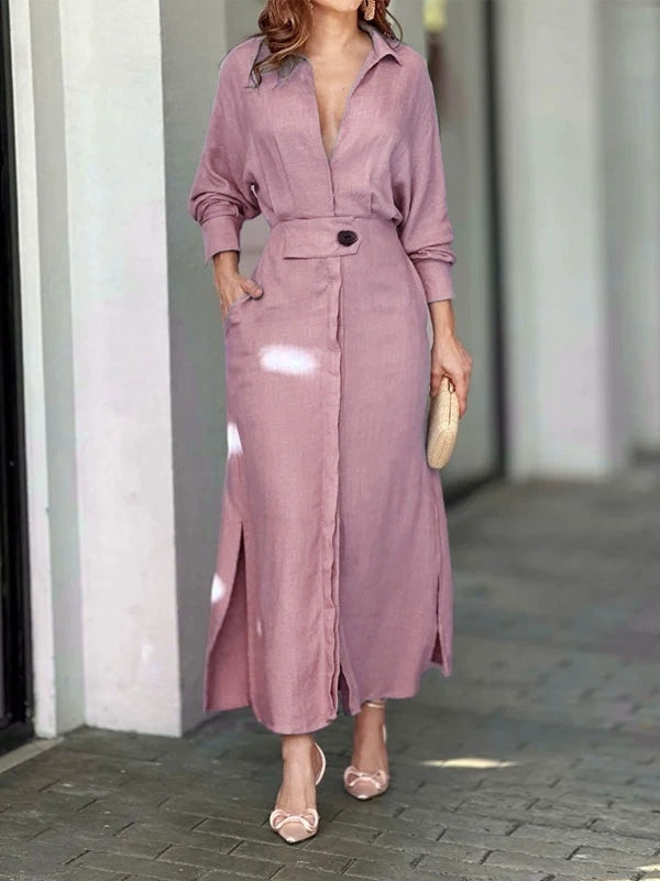 Floralgrace Elegant Long Sleeve Simple Shirt Dress Classic Style