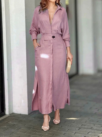 Floralgrace Elegant Long Sleeve Simple Shirt Dress Classic Style