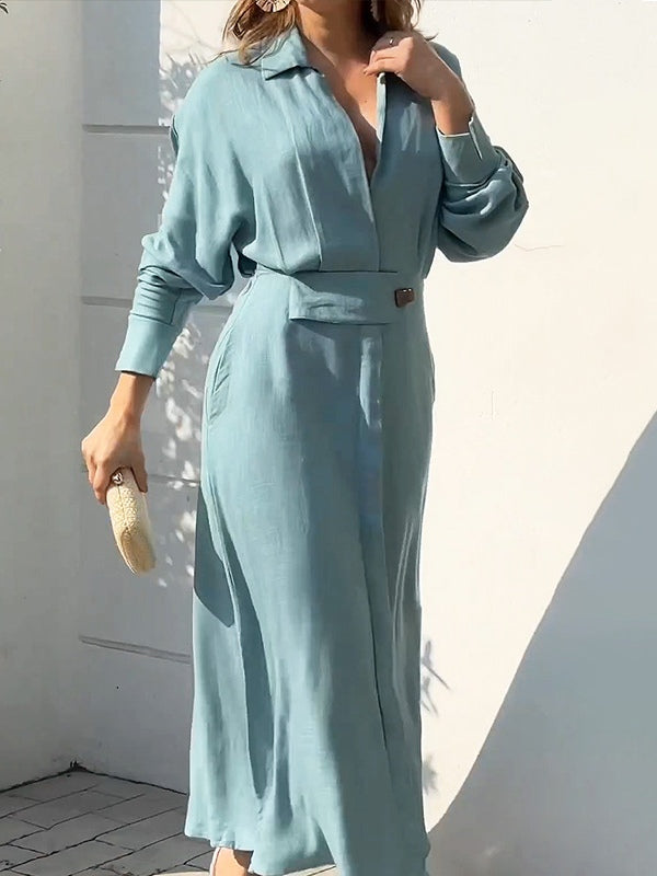 Floralgrace Elegant Long Sleeve Simple Shirt Dress Classic Style