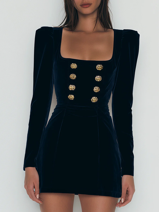 Floralgrace Navy Velvet Mini Dress Gold Button Square Neck Puff Sleeve