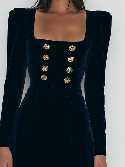 Floralgrace Navy Velvet Mini Dress Gold Button Square Neck Puff Sleeve