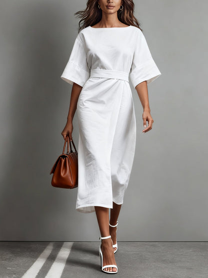 Floralgrace Linen Boat Neck Tie Waist Loose Dress Relaxed Fit