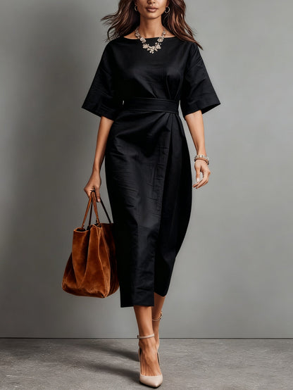 Floralgrace Linen Boat Neck Tie Waist Loose Dress Relaxed Fit