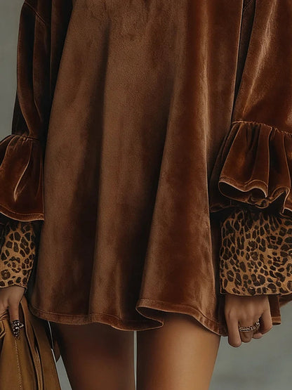 Floralgrace Brown Velvet Mock Neck Leopard Cuff Mini Dress