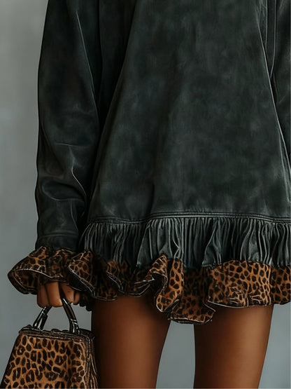 Floralgrace Green Suede Turtleneck Mini Dress Leopard Ruffle Hem