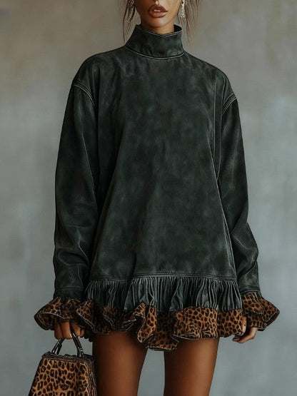 Floralgrace Green Suede Turtleneck Mini Dress Leopard Ruffle Hem
