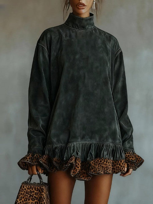 Floralgrace Green Suede Turtleneck Mini Dress Leopard Ruffle Hem