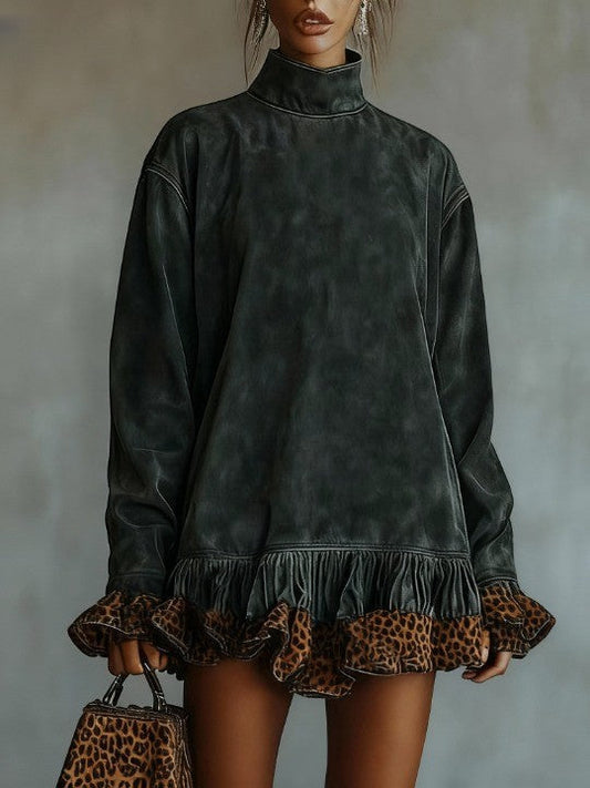 Floralgrace Green Suede Turtleneck Mini Dress Leopard Ruffle Hem